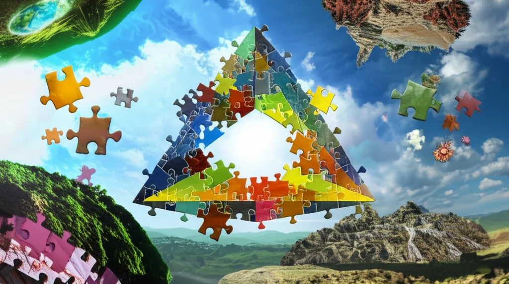 Rappresentazione astratta fotorealistica del principio di Hasse. Pezzi di puzzle colorati, simboleggianti soluzioni locali (reali, p-adiche), fluttuano sopra paesaggi stilizzati diversi (uno liscio per i reali, altri più spigolosi per i p-adici). Al centro, uno spazio vuoto a forma di varietà algebrica attende di essere riempito, suggerendo la ricerca di una soluzione globale. Obiettivo grandangolare 15mm, messa a fuoco nitida, elementi matematici simbolici integrati sottilmente.