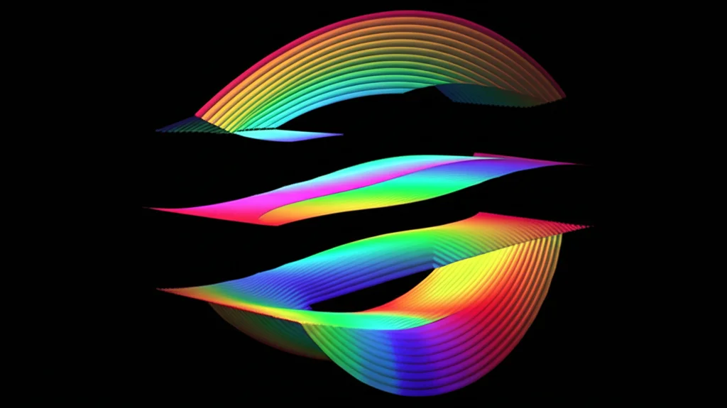 Visualizzazione geometrica fotorealistica di una complessa varietà algebrica in 7 dimensioni (intersezione di due quadriche) che viene 'affettata' o scomposta tramite un metodo di fibrazione. Si vedono strati o fibre sovrapposte, più semplici della struttura completa, suggerendo la scomposizione del problema. Obiettivo macro 90mm, alto dettaglio, messa a fuoco precisa, contesto matematico astratto, illuminazione controllata.