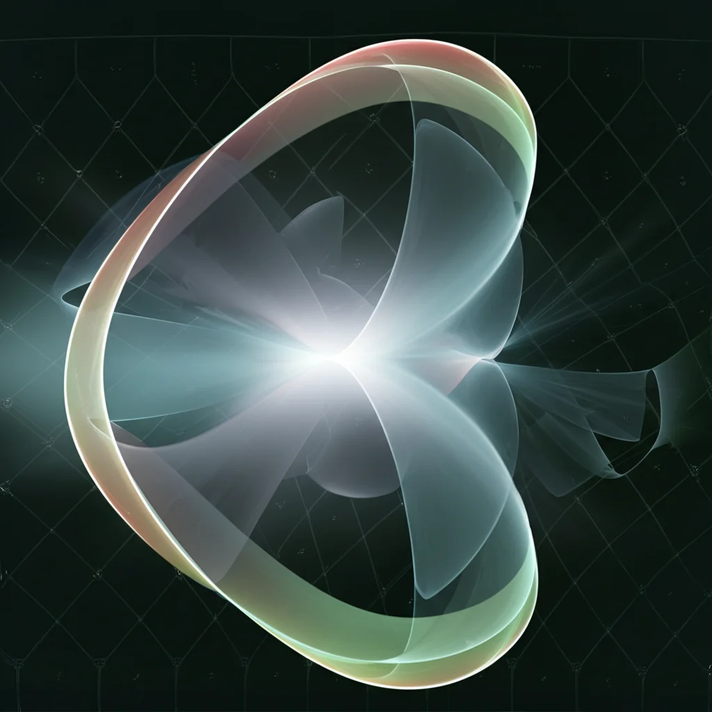 Rappresentazione simbolica fotorealistica di un teorema matematico complesso dimostrato. Due forme quadriche traslucide si intersecano armoniosamente all'interno di uno spazio astratto che rappresenta P^7. Un leggero bagliore emana dall'intersezione, suggerendo la soluzione e la validità del principio di Hasse. Obiettivo prime 35mm, profondità di campo, stile pulito e moderno.