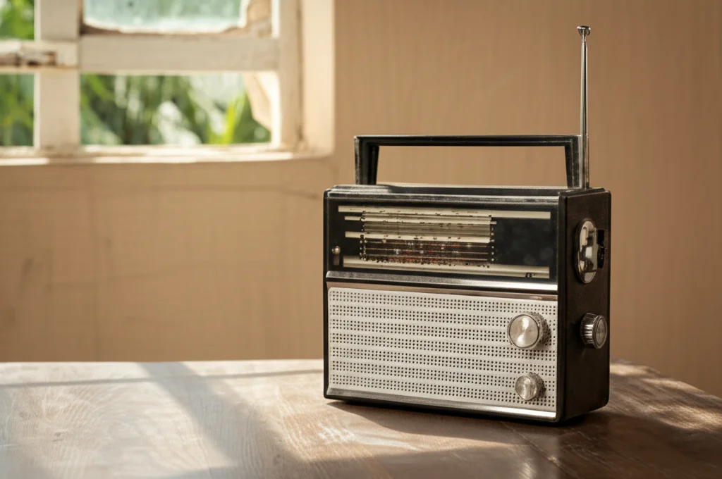 Fotografia realistica di una radio portatile vintage sintonizzata su una stazione locale, posata su un tavolo di legno in una stanza semplice in Nigeria. Luce naturale dalla finestra. Macro lens, 80mm, high detail, precise focusing.
