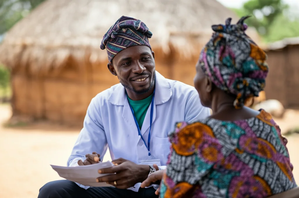 Ritratto fotografico di un operatore sanitario nigeriano sorridente che parla con una donna anziana in un contesto rurale a Bauchi. Prime lens, 35mm, depth of field, luce calda del tardo pomeriggio.