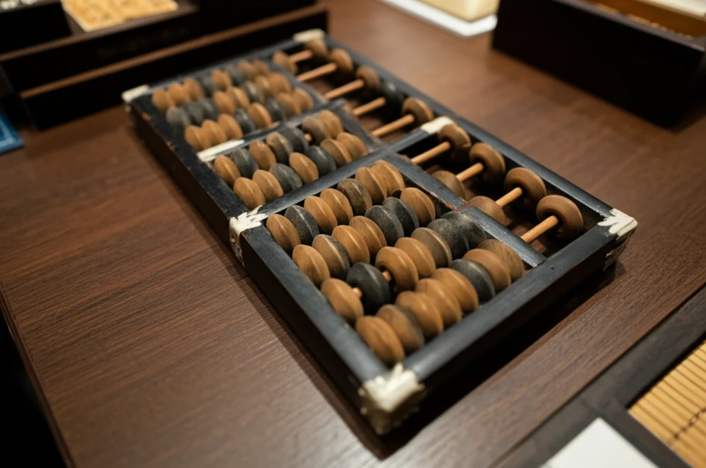 Fotografia macro ad alto dettaglio di un antico abaco cinese appoggiato su un banco di legno scuro in un vivace ma ordinato mercato del periodo Ming. Obiettivo macro 100mm, illuminazione controllata che evidenzia la texture del legno e delle perline dell'abaco, suggerendo calcolo e attività commerciale.