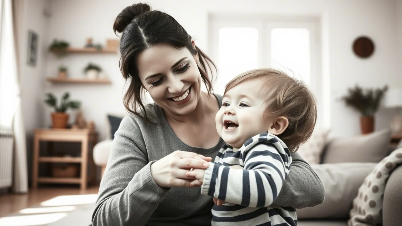 Fotografia di ritratto, obiettivo 35mm, bianco e nero, profondità di campo. Una madre sorridente interagisce calorosamente con il suo bambino piccolo in un ambiente domestico luminoso e accogliente, catturando un momento di genitorialità positiva.