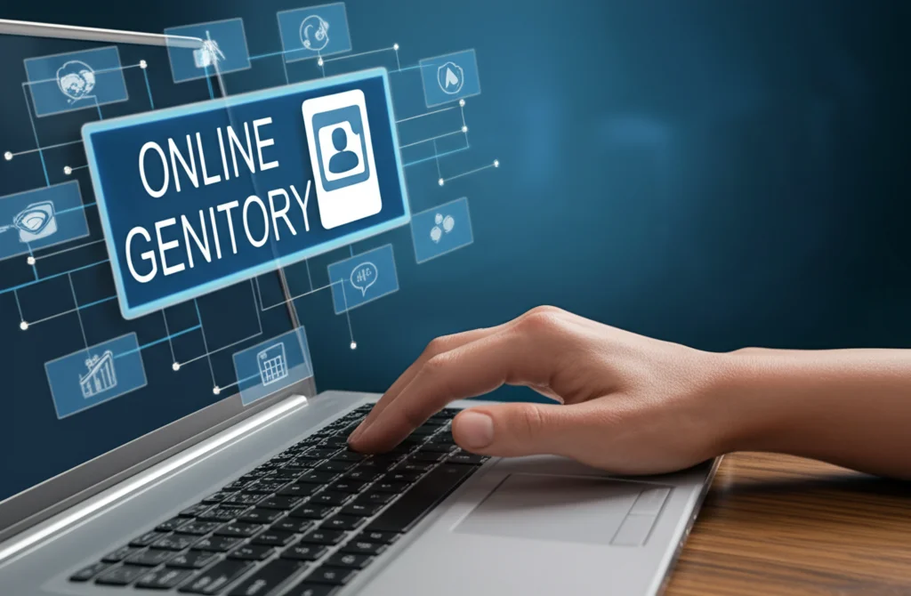 Fotografia still life, obiettivo macro 100mm, illuminazione controllata, alta definizione. Primo piano di una mano che digita su una tastiera di laptop, con sullo schermo un'interfaccia stilizzata di un programma di supporto genitoriale online, simboleggiando gli interventi digitali.