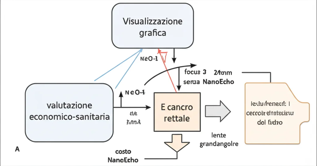 Visualizzazione grafica astratta di un modello di Markov per la valutazione economico-sanitaria, che confronta i percorsi di trattamento del cancro rettale con e senza NanoEcho, lente grandangolare 24mm, focus nitido, rappresentando l'analisi di costo-efficacia.