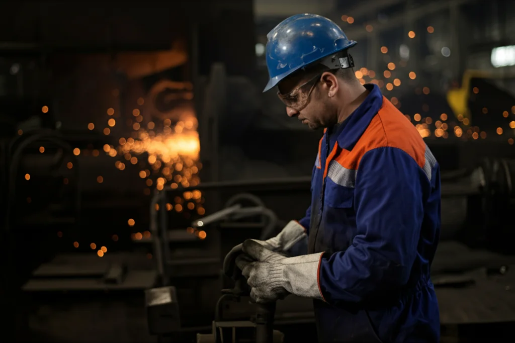 Fotografia realistica di un lavoratore siderurgico in un ambiente industriale rumoroso e vibrante, con scintille sullo sfondo. Obiettivo prime 35mm, stile film noir, profondità di campo accentuata per isolare il lavoratore.