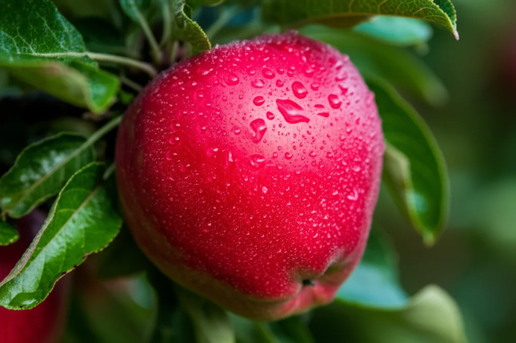 Primo piano macro di una mela 'Fumei' rossa e lucida sulla pianta, con gocce di rugiada sulla buccia cerosa. Obiettivo macro 100mm, luce naturale controllata, alta definizione dei dettagli della buccia e del colore vibrante.