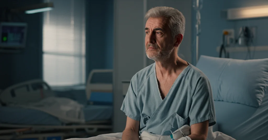 Ritratto fotografico di un paziente in fase di recupero post-operatorio, seduto comodamente su un letto d'ospedale, con un'espressione serena ma pensierosa. Obiettivo prime 35mm, profondità di campo ridotta per sfocare lo sfondo, luce naturale morbida da una finestra, toni duo blu e grigio per trasmettere calma e riflessione.