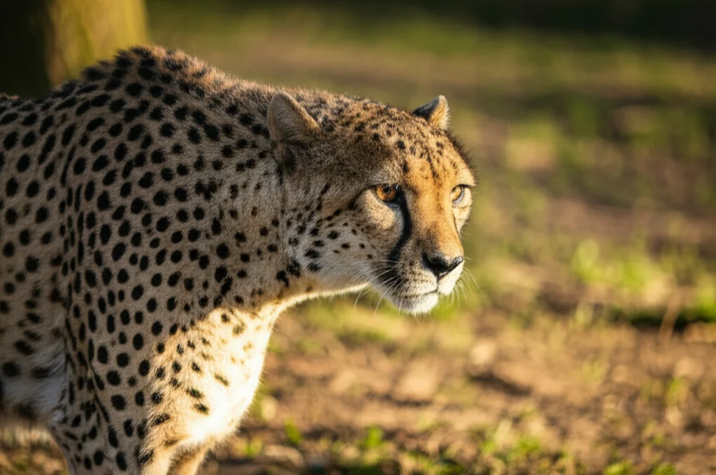 Ghepardo adulto in un recinto di conservazione spazioso e ben curato, luce naturale del tardo pomeriggio che ne illumina il manto maculato, obiettivo teleobiettivo zoom 200mm, messa a fuoco precisa sugli occhi attenti, sfondo leggermente sfocato che suggerisce l'ambiente senza distrarre, stile fotorealistico naturalistico, action or movement tracking per catturare un'espressione vigile.