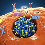 Illustrazione 3D fotorealistica di un mastocita umano. Sulla sua membrana cellulare sono visibili i recettori FcεRI legati ad anticorpi IgE (a forma di Y). All'interno della cellula, la proteina PRL2 (visualizzata come una struttura molecolare distinta) interagisce con la cascata di segnali PI3K/PLCγ (rappresentata da frecce e altre molecole), riducendone l'attività. Questo porta a un minor afflusso di ioni calcio (piccole sfere luminose) e a una ridotta degranulazione (meno granuli che si fondono con la membrana per rilasciare il contenuto). L'illuminazione è drammatica per evidenziare i componenti chiave. Obiettivo virtuale macro 85mm, alta definizione.
