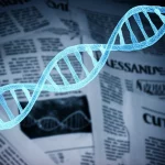 Immagine concettuale astratta che mostra una doppia elica del DNA luminosa intrecciata con titoli di giornale sfocati e frammentati sullo sfondo, obiettivo macro 90mm, alta definizione, illuminazione drammatica e contrastata, simboleggiando l'intersezione complessa e talvolta distorta tra genetica e comunicazione mediatica.