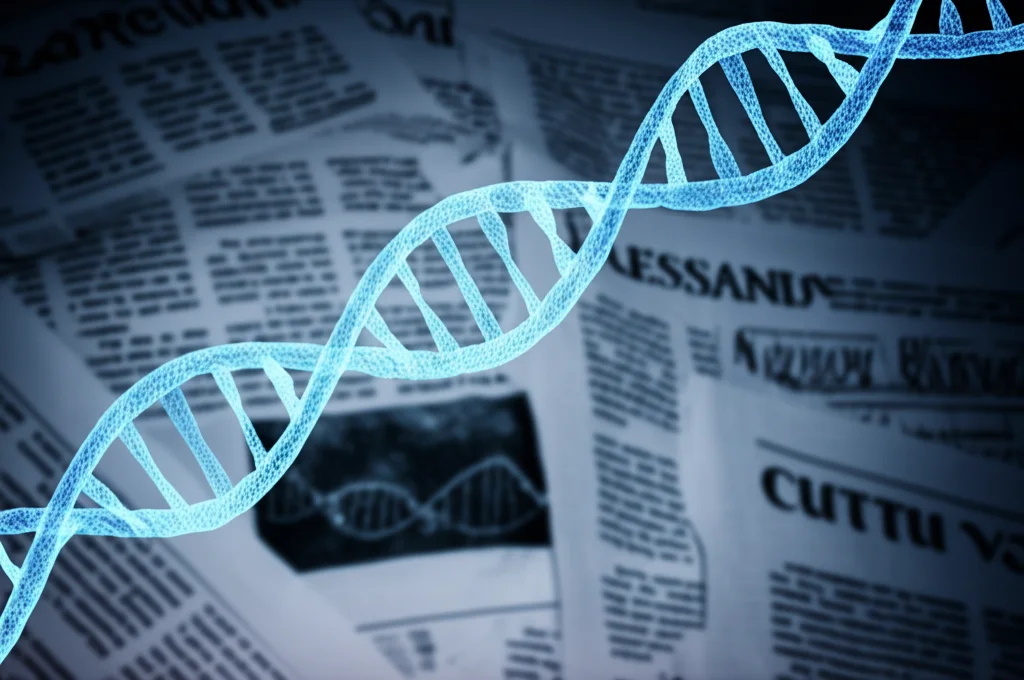 Immagine concettuale astratta che mostra una doppia elica del DNA luminosa intrecciata con titoli di giornale sfocati e frammentati sullo sfondo, obiettivo macro 90mm, alta definizione, illuminazione drammatica e contrastata, simboleggiando l'intersezione complessa e talvolta distorta tra genetica e comunicazione mediatica.