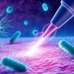 Immagine concettuale di un fascio di plasma freddo atmosferico (CAP) che interagisce con la superficie della pelle a livello microscopico, mostrando batteri stilizzati che vengono neutralizzati o modificati, obiettivo macro 85mm, illuminazione suggestiva con toni blu e viola, alta definizione, simboleggiando l'effetto selettivo del CAP sul microbioma delle ferite.