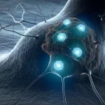 Immagine concettuale fotorealistica che mostra cellule microgliali giovani (luminose, con morfologia rigenerativa) e adulte (più scure, infiammate) che circondano un neurone danneggiato nel midollo spinale, focus selettivo sul neurone, profondità di campo, lente prime 35mm, duotone blu e grigio per enfatizzare la differenza.