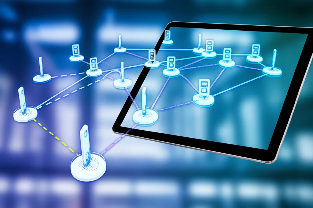 Immagine concettuale fotorealistica che mostra una rete decentralizzata di dispositivi intelligenti (nodi luminosi) che collaborano, sovrapposta a una rappresentazione virtuale (gemello digitale) della stessa rete su un tablet o schermo. Prime lens, 35mm, depth of field, colori vibranti ma realistici, focus sui nodi interconnessi.