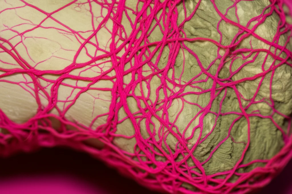 Immagine fotorealistica di un osso fratturato in fase di guarigione, con un'evidente rete di nuovi vasi sanguigni (angiogenesi) che pervadono il callo osseo, simbolo della rigenerazione vascolare promossa da CYR61. Macro lens, 100mm, high detail, controlled lighting.