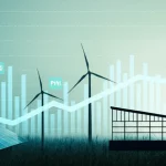 Immagine simbolica che fonde elementi di finanza sostenibile (grafici ESG in crescita su uno schermo), energia rinnovabile (pale eoliche stilizzate o pannelli solari) e sviluppo delle PMI (silhouette di un piccolo edificio industriale moderno). Luce naturale, profondità di campo, obiettivo 35mm, colori tenui ma vibranti.