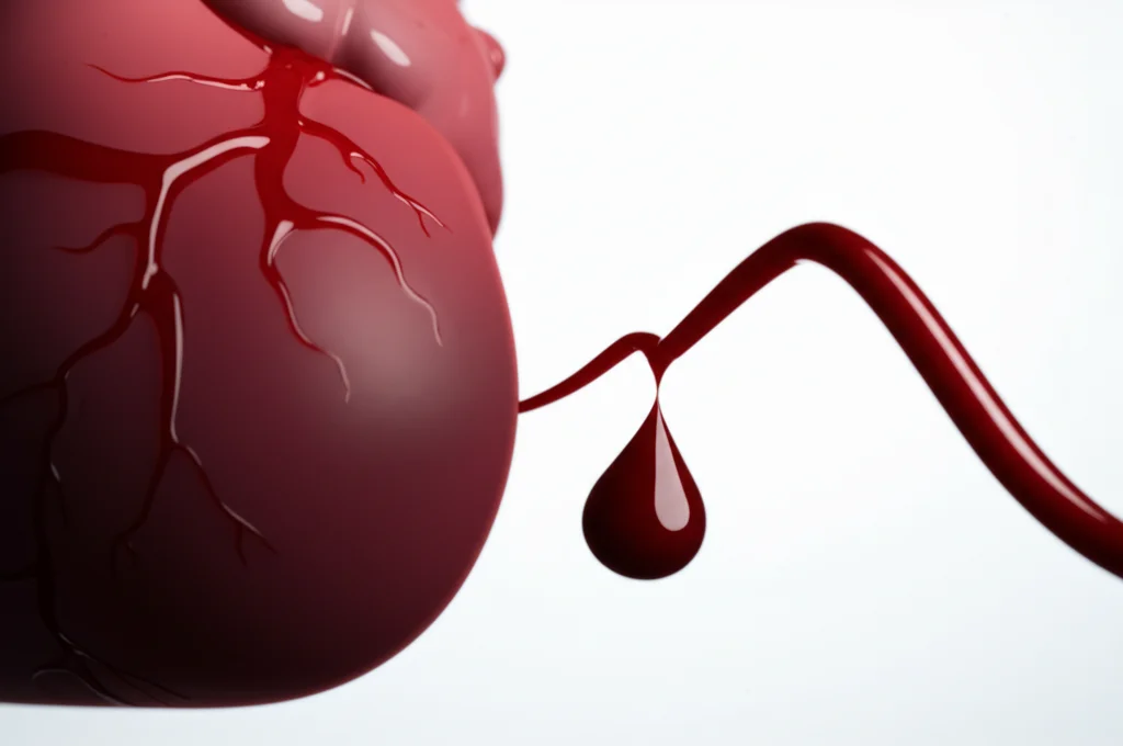 Macro fotografia, lente 60mm, una rappresentazione stilizzata di un cuore umano accanto a una linea grafica luminosa a forma di U e poi lineare crescente, e una singola goccia di sangue che riflette la luce, illuminazione controllata, alta definizione.