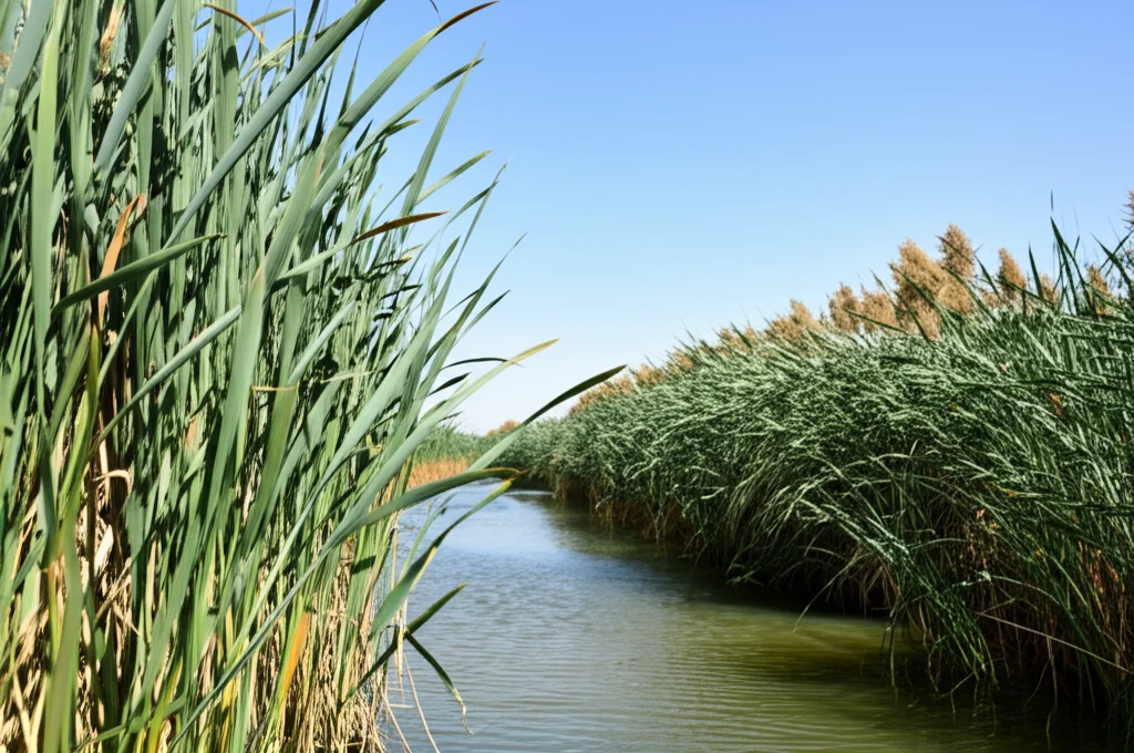 Panoramica di una zona umida artificiale a flusso superficiale nel Delta del Nilo, con canneti rigogliosi (Phragmites australis) e acqua che scorre lentamente tra di essi, cielo azzurro limpido, luce solare intensa. Obiettivo grandangolare 20mm, messa a fuoco nitida su tutta la scena, colori naturali vividi.