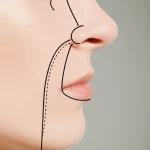 Profilo laterale stilizzato che mostra la linea estetica (E-line) dal naso al mento e la posizione delle labbra superiore e inferiore in relazione ad essa, con un accenno grafico all'influenza dell'età. Fotografia concettuale, obiettivo 50mm, profondità di campo, toni neutri.