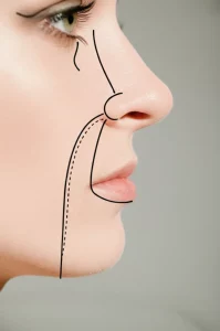 Profilo laterale stilizzato che mostra la linea estetica (E-line) dal naso al mento e la posizione delle labbra superiore e inferiore in relazione ad essa, con un accenno grafico all'influenza dell'età. Fotografia concettuale, obiettivo 50mm, profondità di campo, toni neutri.