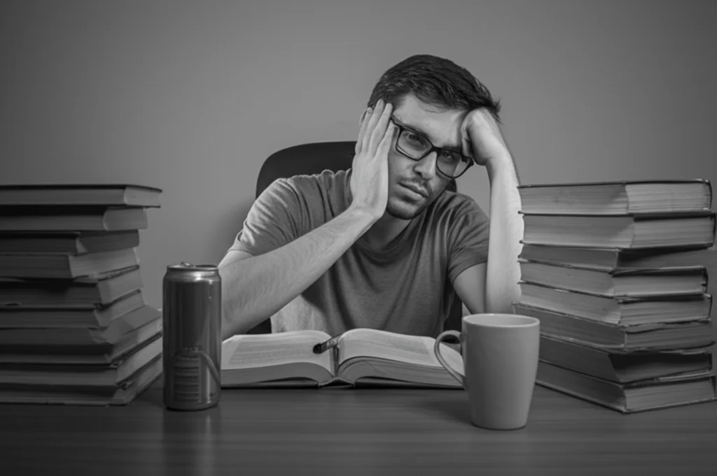 Ritratto di uno studente di medicina stanco seduto a una scrivania piena di libri, con una tazza di caffè e una lattina di energy drink visibili, obiettivo 35mm, profondità di campo, illuminazione soffusa da studio, bianco e nero.
