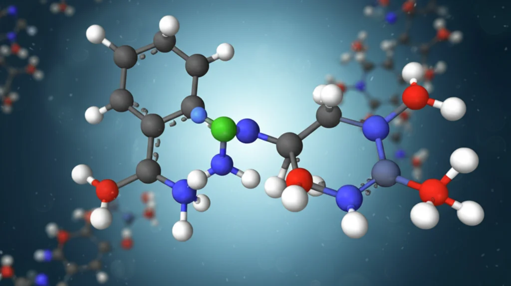 Visualizzazione astratta di molecole di copeptina e arginina interagenti in un contesto scientifico, obiettivo macro 80mm, alta definizione, sfondo blu sfumato, illuminazione da laboratorio.