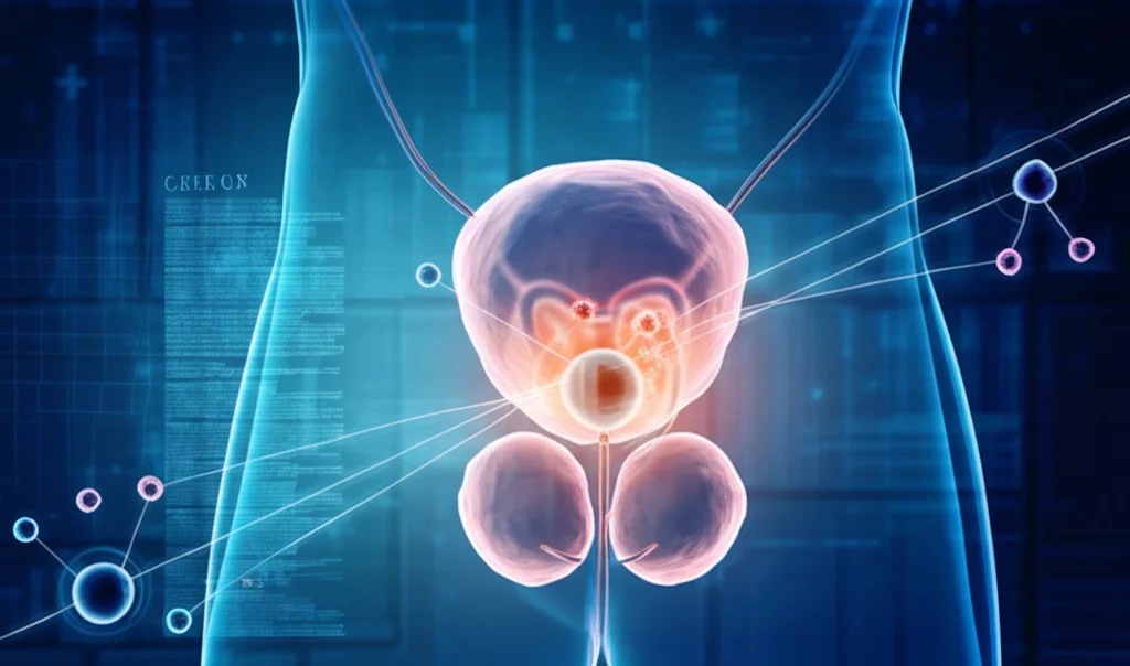 Visualizzazione astratta di percorsi terapeutici complessi che convergono su una rappresentazione stilizzata della prostata e delle metastasi, colori blu e arancione ad alto contrasto, alta definizione, per rappresentare l'approccio multidisciplinare e innovativo del trial NEAR-TOP sul cancro alla prostata oligometastatico.