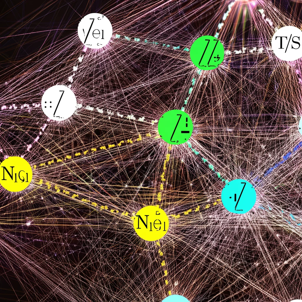 Visualizzazione concettuale avanzata di una rete di controllo booleana asincrona con logica fuzzy T-S, nodi interconnessi che mostrano stati binari e sfumati (gradazioni di colore), elementi grafici che rappresentano ritardo temporale (linee tratteggiate) e rumore (distorsioni ondulate), il tutto converge verso uno stato stabile evidenziato, stile high detail, controlled lighting, macro lens 90mm