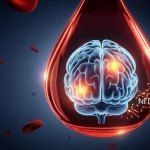 Immagine concettuale fotorealistica di un cervello umano stilizzato con aree luminose che indicano attività o danno neurale, sovrapposta a una goccia di sangue ingrandita che mostra la molecola sNfL fluttuante. Illuminazione drammatica, sfondo scuro, alta definizione.