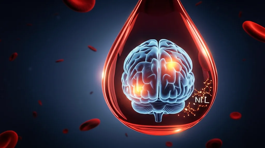 Immagine concettuale fotorealistica di un cervello umano stilizzato con aree luminose che indicano attività o danno neurale, sovrapposta a una goccia di sangue ingrandita che mostra la molecola sNfL fluttuante. Illuminazione drammatica, sfondo scuro, alta definizione.