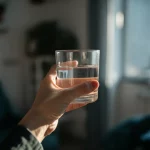 Immagine fotorealistica di un bicchiere d'acqua potabile tenuto in mano, 35mm portrait lens, con una leggera sfocatura sullo sfondo di un ambiente domestico. La luce filtra attraverso il bicchiere, mettendo in risalto la limpidezza dell'acqua ma suggerendo la presenza invisibile di contaminanti come gli antibiotici. Profondità di campo, tonalità neutre.