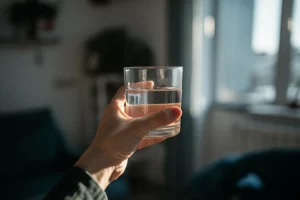 Immagine fotorealistica di un bicchiere d'acqua potabile tenuto in mano, 35mm portrait lens, con una leggera sfocatura sullo sfondo di un ambiente domestico. La luce filtra attraverso il bicchiere, mettendo in risalto la limpidezza dell'acqua ma suggerendo la presenza invisibile di contaminanti come gli antibiotici. Profondità di campo, tonalità neutre.