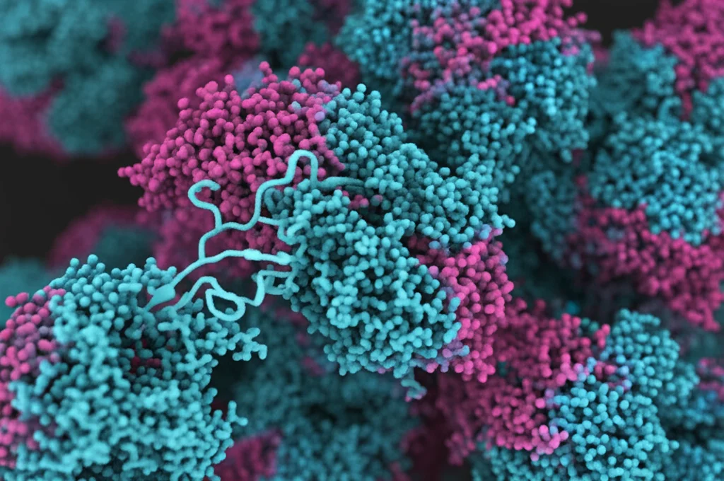 Primo piano macro, obiettivo 85mm, di intricate strutture proteiche di anticorpi che interagiscono, evidenziando i loop ipervariabili ultra-lunghi (ulCDR), con illuminazione controllata da studio che enfatizza profondità e dettaglio della struttura molecolare.