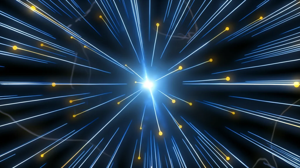 Visualizzazione artistica del concetto di 'multiverso esplicativo', mostrando una rete complessa di percorsi luminosi interconnessi che si diramano nello spazio tridimensionale, partendo da un punto focale e divergendo verso molteplici destinazioni. Stile futuristico high-tech, lente wide-angle 15mm, long exposure per enfatizzare i percorsi, sharp focus sui nodi di ramificazione.