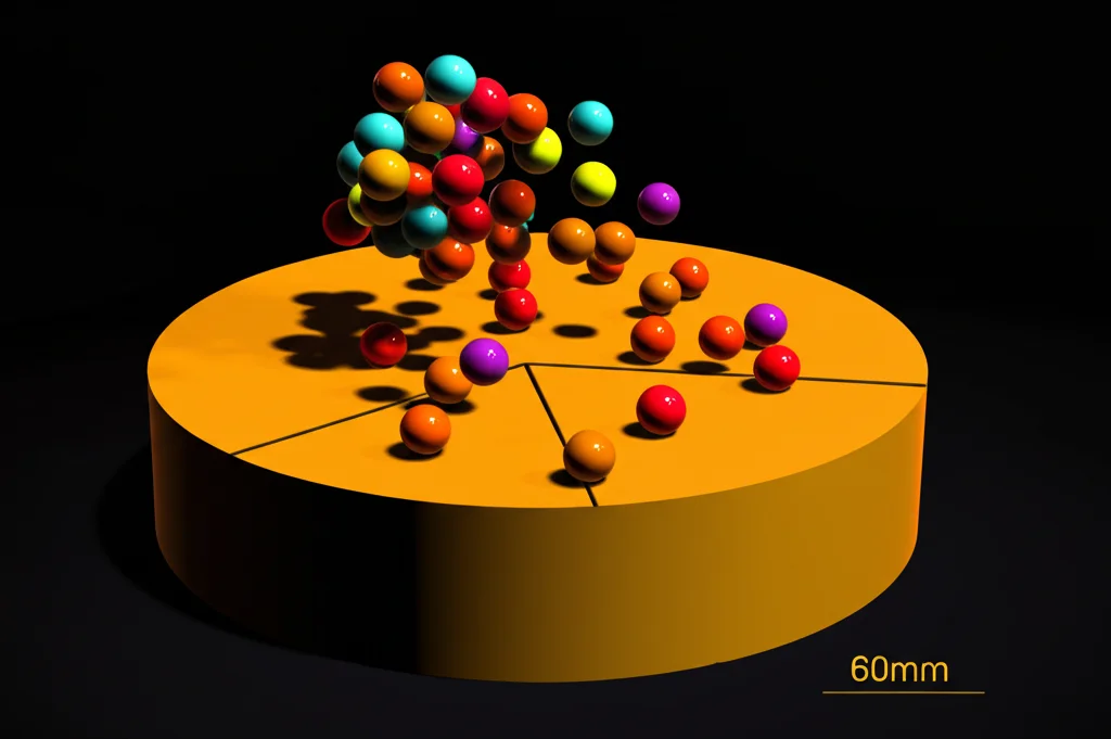 Visualizzazione astratta della decomposizione dell'energia di deformazione in un materiale. Sfere colorate rappresentano l'energia totale, divise in segmenti che simboleggiano le componenti tensile, compressive e di taglio. Obiettivo macro 60mm, illuminazione diffusa, alta definizione per chiarezza concettuale.