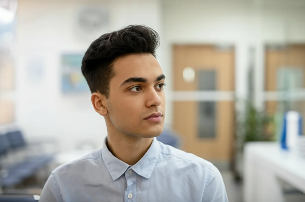 Ritratto di un giovane dall'aspetto pensieroso, forse appartenente alla comunità 2SLGBTQI+, in una sala d'attesa medica dai toni neutri. Obiettivo 35mm, profondità di campo ridotta per sfocare lo sfondo, illuminazione morbida. Fotografia realistica.