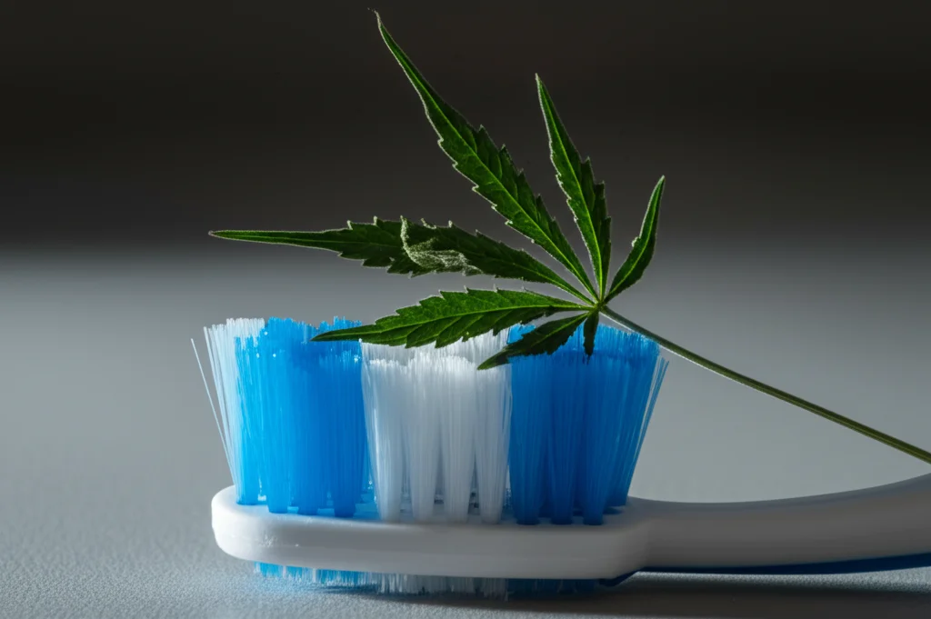 Primo piano macro di una foglia di cannabis essiccata accanto a uno spazzolino da denti su una superficie pulita. Obiettivo macro 100mm, alta definizione dei dettagli sulla foglia e sulle setole, illuminazione controllata laterale per creare texture. Fotografia still life realistica.