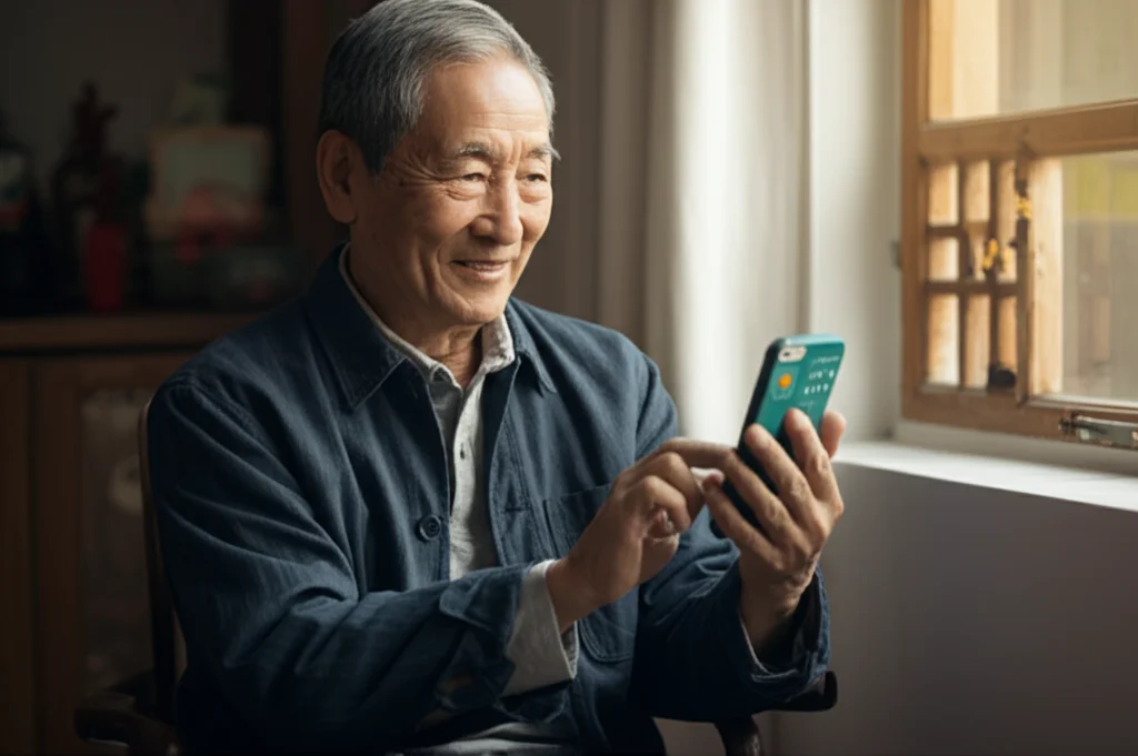 Fotografia realistica di un anziano rurale cinese, uomo sui 70 anni, che utilizza con un sorriso uno smartphone seduto vicino a una finestra con luce naturale morbida; sullo schermo si intravede un'interfaccia legata alla salute. Obiettivo prime 35mm, profondità di campo ridotta per mettere a fuoco l'anziano e il dispositivo, toni caldi.