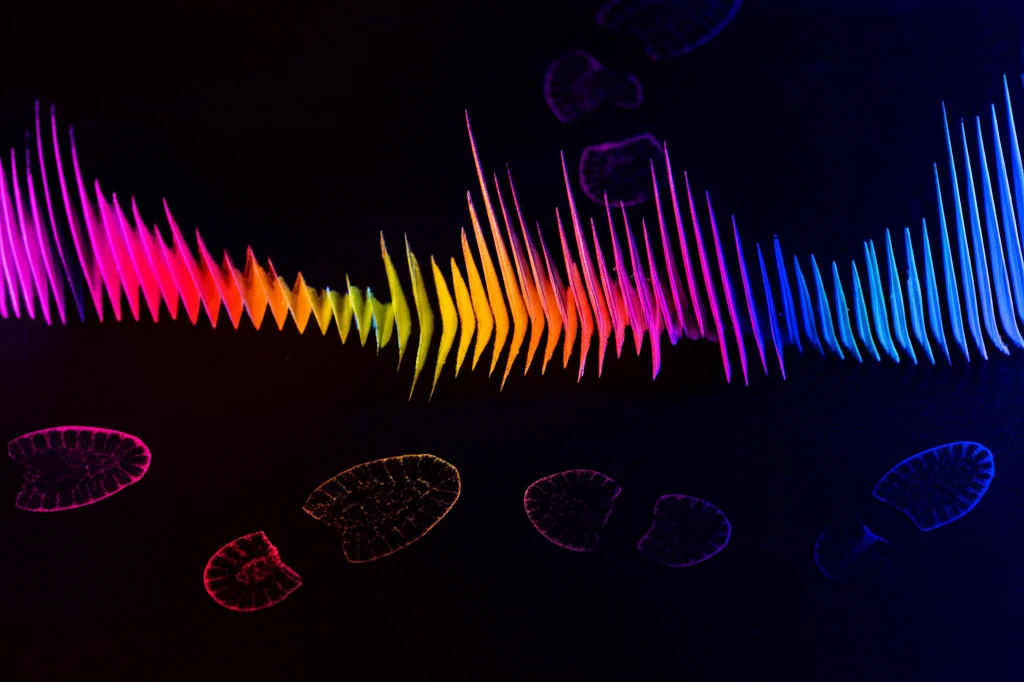Fotografia macro di un'onda sonora astratta dai colori vivaci che si trasforma gradualmente in impronte stilizzate di passi su uno sfondo scuro, illuminazione controllata per enfatizzare i dettagli, obiettivo macro 90mm, alta definizione.