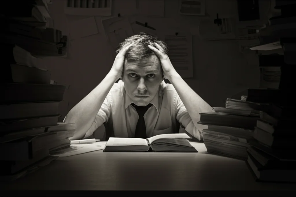 Ritratto di uno studente di medicina dall'aspetto ansioso seduto a una scrivania ingombra di libri e appunti, luce ambientale fioca che crea ombre profonde, obiettivo 35mm, bianco e nero, profondità di campo ridotta per enfatizzare l'espressione preoccupata dello studente.