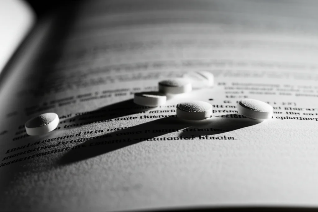 Primo piano macro di alcune pillole di propranololo sparse su un libro di testo di medicina aperto, illuminazione laterale controllata che crea lunghe ombre, obiettivo macro 100mm, alta definizione per mostrare la texture delle pillole e la stampa del libro.