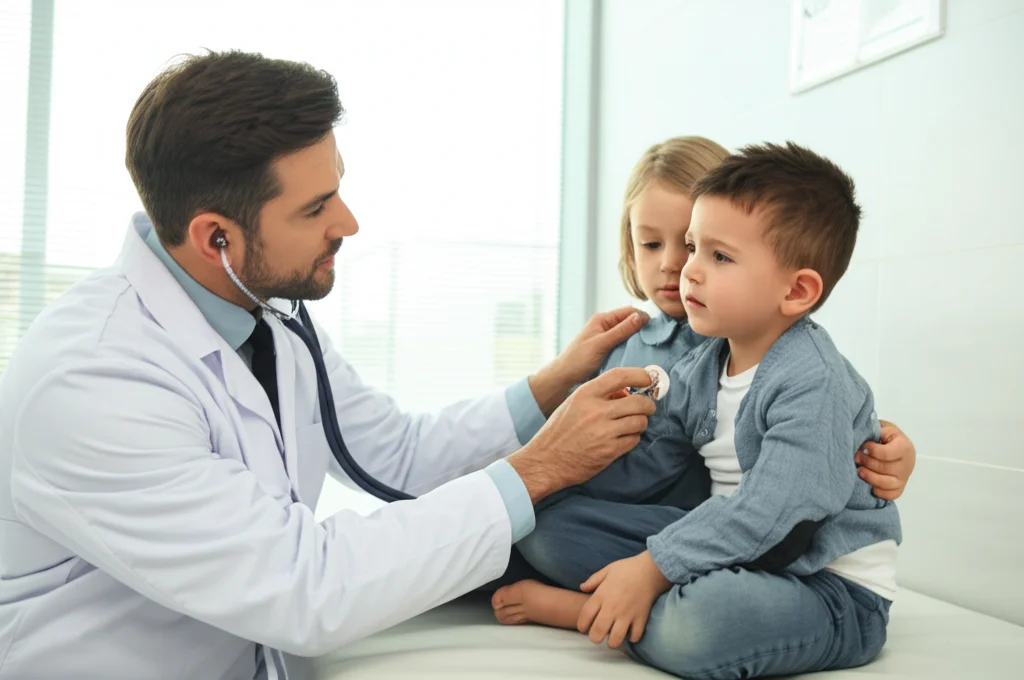 Medico pediatra che esamina un bambino piccolo con febbre in un ambulatorio luminoso del pronto soccorso. Il medico usa uno stetoscopio, il bambino appare sofferente. Lente prime 35mm, profondità di campo ridotta per focalizzare sul medico e il bambino, luce naturale dalla finestra.