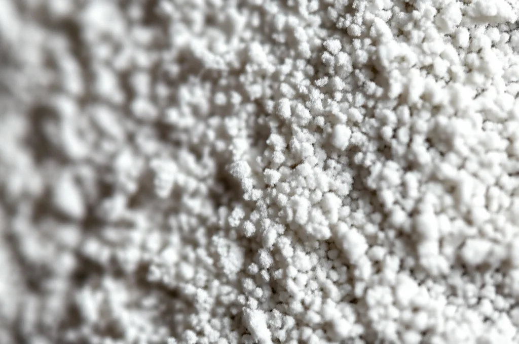 Macro fotografia di polvere bianca finissima di idrossiapatite (HAp) derivata da gusci di vongola, messa a fuoco precisa su alcuni granuli cristallini, illuminazione controllata da laboratorio che ne esalta la texture pura, obiettivo macro 100mm, alta definizione, sfondo neutro.