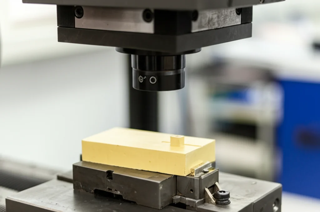 Fotografia di un campione di biocomposito epossidico rinforzato con idrossiapatite (colore avorio chiaro) montato su una macchina per prove di flessione universale in un laboratorio di materiali, messa a fuoco nitida sul punto di applicazione della forza, illuminazione tecnica, obiettivo prime 50mm, profondità di campo che sfoca leggermente lo sfondo della macchina.