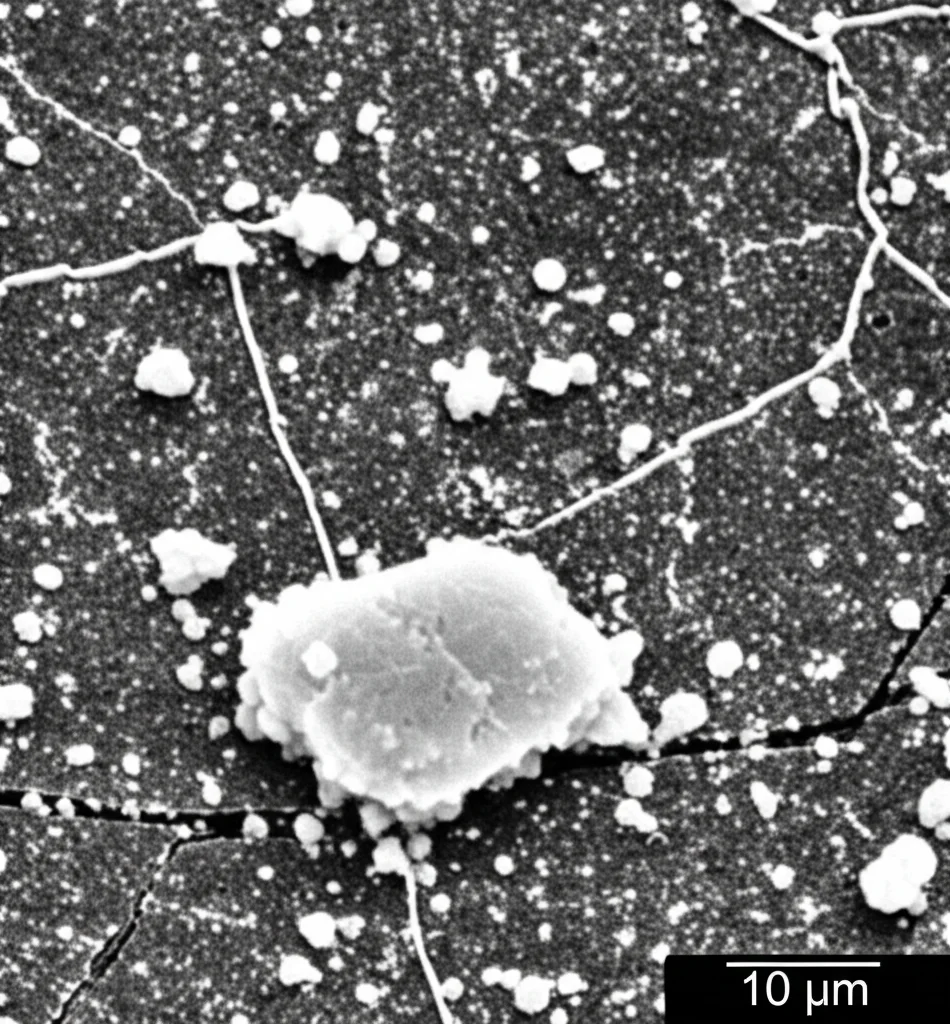 Immagine al microscopio elettronico a scansione (SEM) fotorealistica che mostra particelle di idrossiapatite (chiare, 45µm) disperse ma con alcuni agglomerati visibili all'interno di una matrice epossidica (scura) fratturata, alta definizione, dettagli microstrutturali evidenti, visualizzazione in bianco e nero per enfatizzare il contrasto.