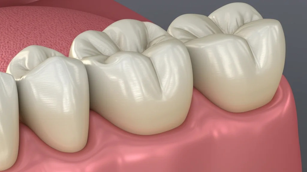 Visualizzazione 3D fotorealistica di un impianto dentale (corona) realizzato con un biocomposito avanzato color avorio (simile a quello descritto), inserito su un modello di dente, illuminazione da studio dentistico che ne evidenzia la forma anatomica e la superficie liscia, obiettivo 50mm, dettagli precisi.