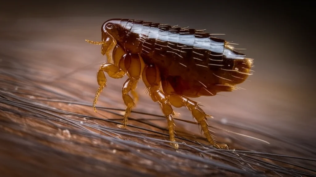Fotografia macro di una pulce (Siphonaptera) sul pelo di un roditore, messa a fuoco selettiva sulla pulce, illuminazione drammatica laterale per evidenziare i dettagli, obiettivo macro 100mm, high detail.