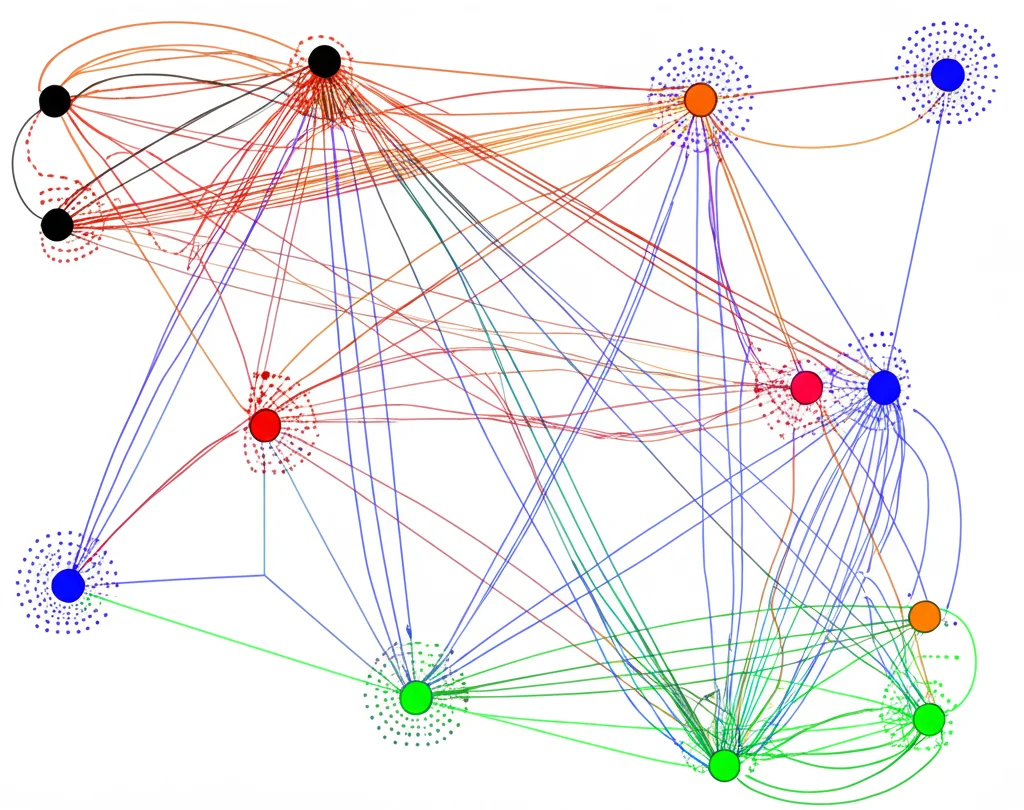 Visualizzazione astratta di una rete ecologica ospite-parassita, con nodi di due colori (maschi e femmine ospiti) che mostrano connessioni diverse a nodi parassiti, evidenziando differenze nella centralità e connettività, stile infografica scientifica.
