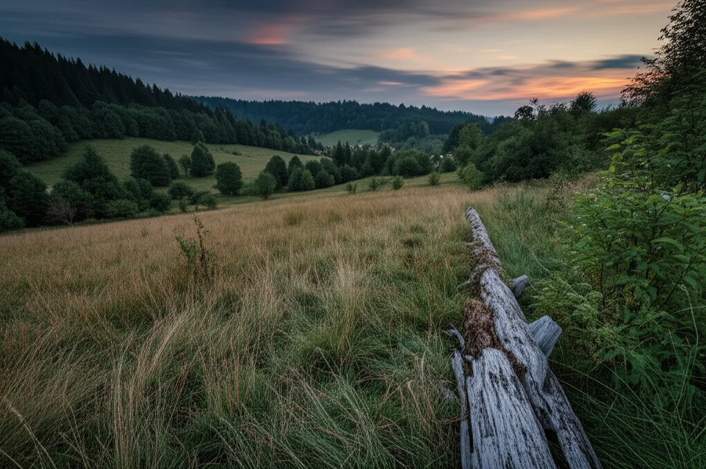 Paesaggio della Slovacchia orientale con prati e boschi misti, habitat tipico per piccoli mammiferi come Apodemus flavicollis, fotografia scattata con obiettivo grandangolare 20mm, luce del tardo pomeriggio, sharp focus, long exposure per nuvole morbide.
